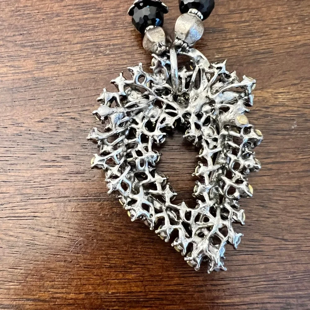 Victorian Gothic Jeweled Heart Pendant Necklace Black Rhinestone Beaded Witchy